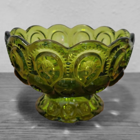L E Smith Dining Vtg 96s Le Smith Green Glass Moon Stars Footed Pedestal Candy Nut Bowl Dish
